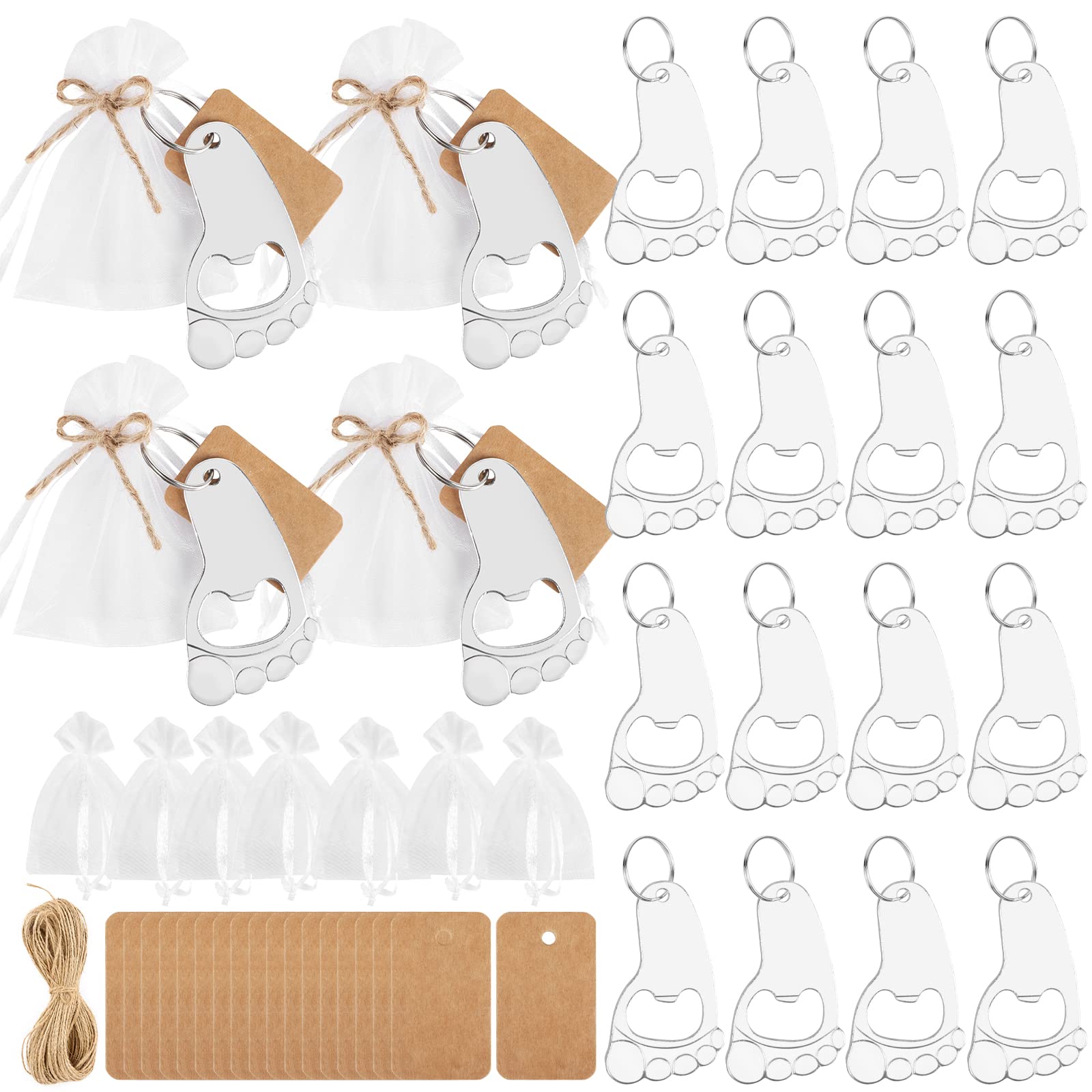 Hooqict 50 Pieces Footprint Keychain Bottle Opener Baby Shower Favors for Guest Baby Shower Thank You Gifts Bottle Opener Souvenirs with Organza Bags Thank Tags and 30 Meters Rope