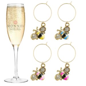 p420 4-color little crystal bee wine charms glass marker for party with velvet bag- set of 4