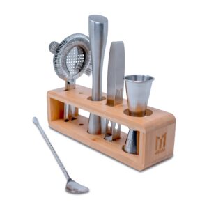 cocktail accessories for drinks, fancy 6-piece bartender tools - jigger, strainer, muddler, ice tongs, bar spoon with bamboo stand (shaker not included)
