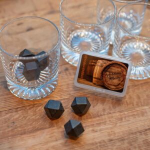 Whiskey Stones Set w/Storage Container - Refreezable Bourbon Stones - Granite Whiskey Rocks - .87” Drinking Rocks for Whiskey and Other Beverages - Fun Kitchen Set Whiskey Gifts for Men