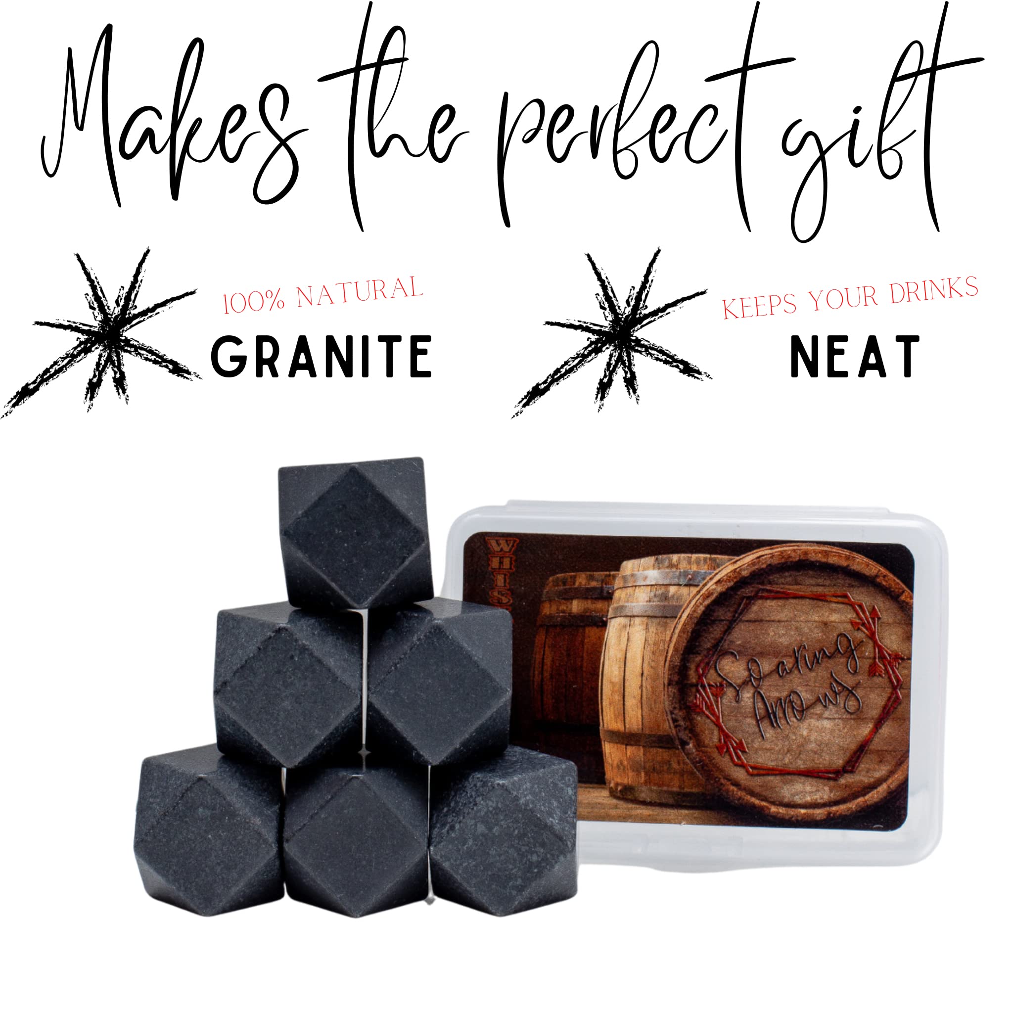 Whiskey Stones Set w/Storage Container - Refreezable Bourbon Stones - Granite Whiskey Rocks - .87” Drinking Rocks for Whiskey and Other Beverages - Fun Kitchen Set Whiskey Gifts for Men