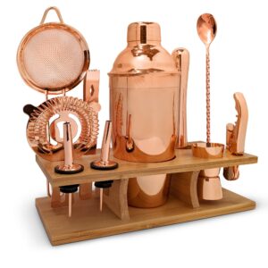 bartender kit, rose copper cocktail shaker set, 11-piece set, 24oz martini mixer, muddler, double jigger, 2 liquor pourers, mixing spoon, ice tong, strainer set, beer and wine opener with bamboo stand