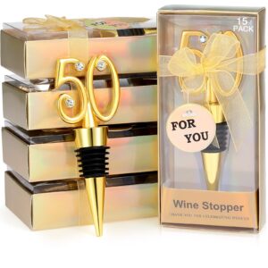 15 pieces birthday wine stopper for birthday party favors presents zinc alloy silicone wine and beverage bottle stoppers wedding anniversary souvenirs decorations for guests (50 years old)