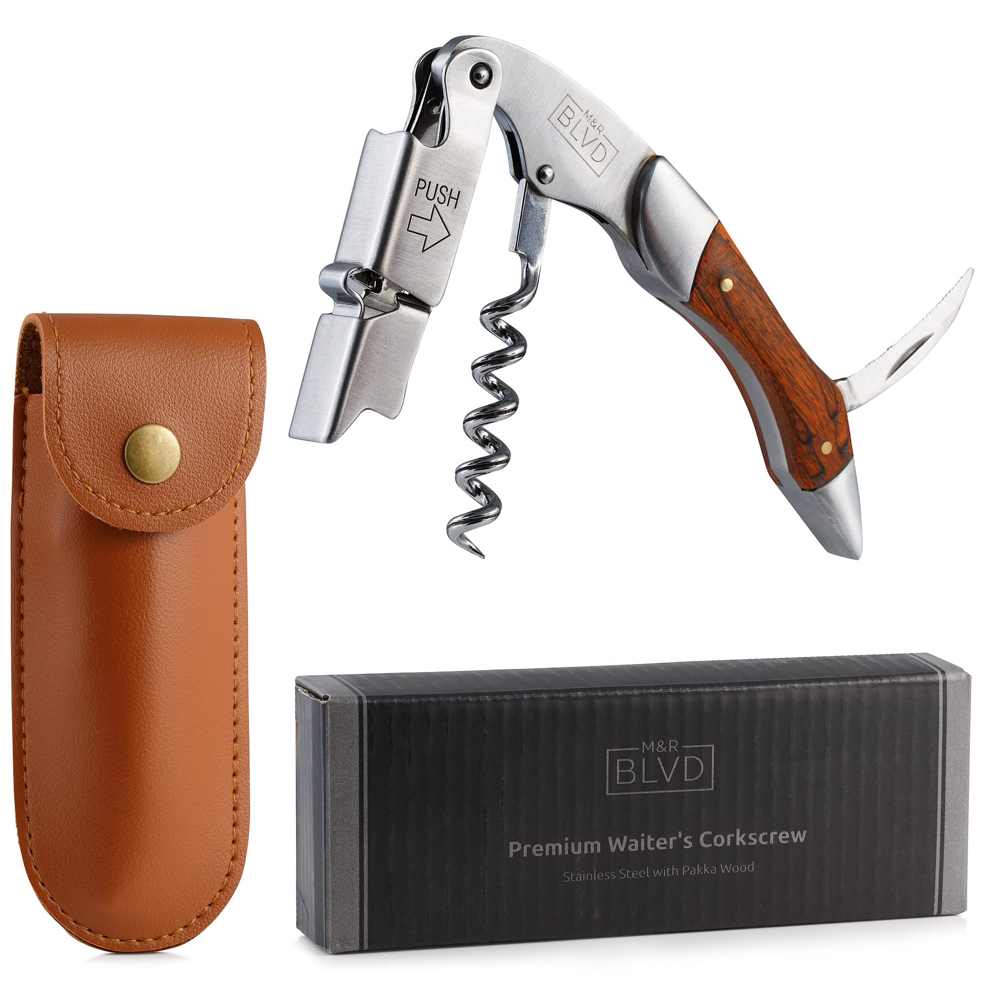 Waiter's Corkscrew with Vegan Leather Sheath by M&R Blvd. - Professional Grade, Deluxe Wine Key - Patented Spring Lever Easy Opening - Foil Cutter, Beer Bottle Opener - Wine Gift Set - Rosewood