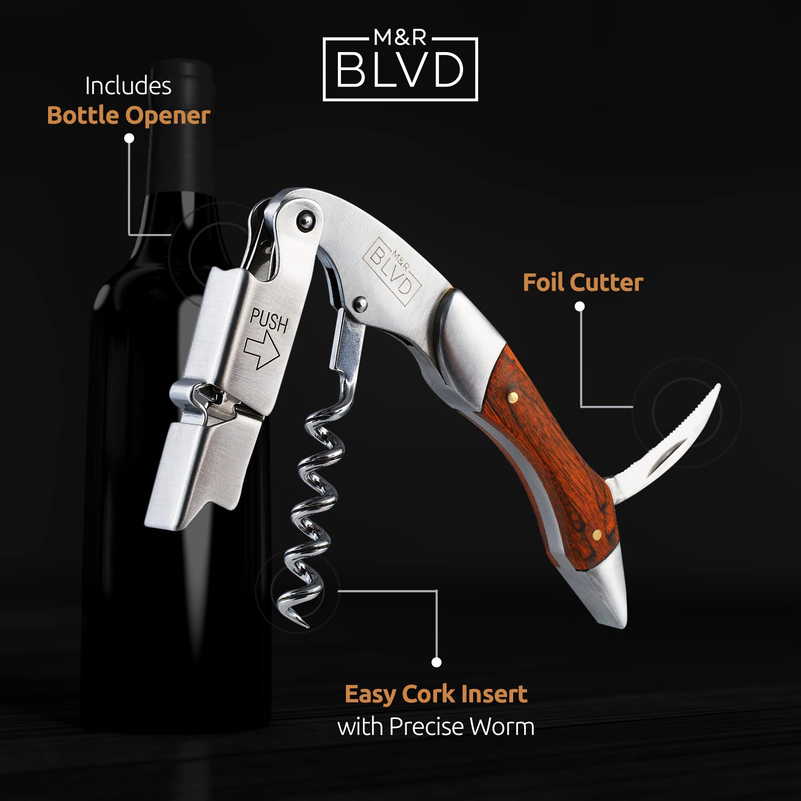 Waiter's Corkscrew with Vegan Leather Sheath by M&R Blvd. - Professional Grade, Deluxe Wine Key - Patented Spring Lever Easy Opening - Foil Cutter, Beer Bottle Opener - Wine Gift Set - Rosewood