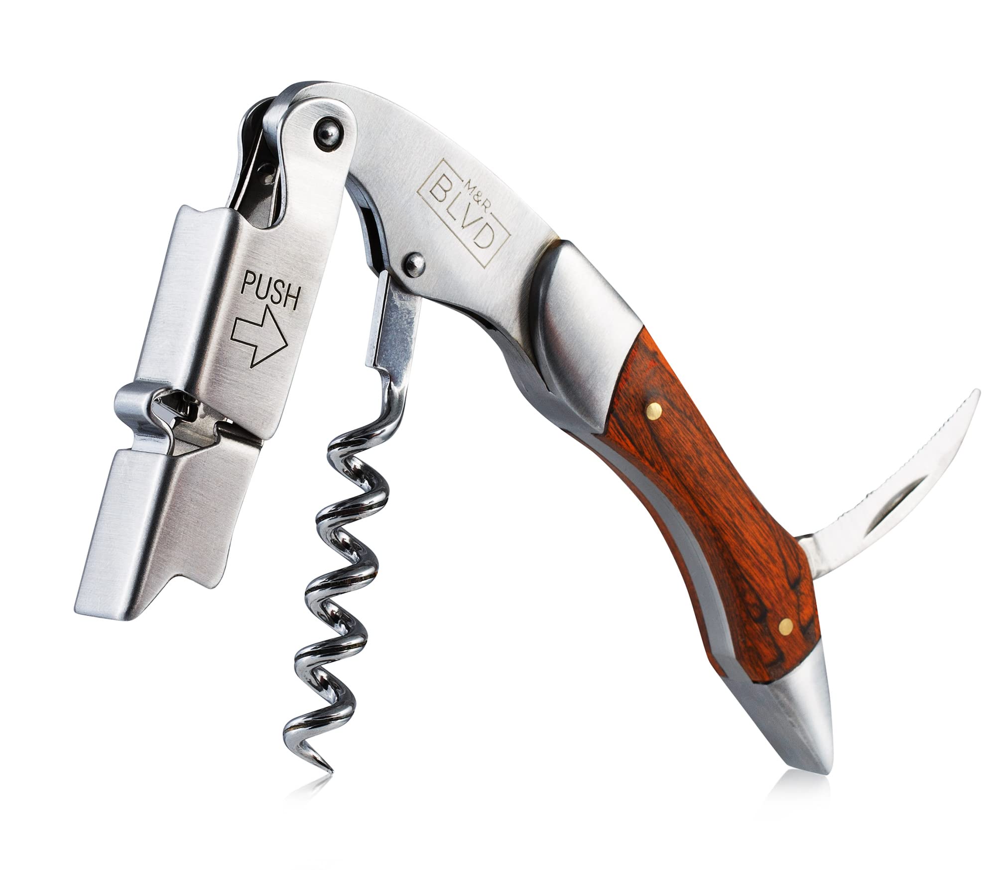 Waiter's Corkscrew with Vegan Leather Sheath by M&R Blvd. - Professional Grade, Deluxe Wine Key - Patented Spring Lever Easy Opening - Foil Cutter, Beer Bottle Opener - Wine Gift Set - Rosewood