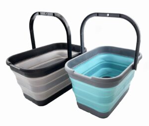 sammart 12l (3.1 gallon) collapsible rectangular handy basket/bucket/multiuse foldable water pail for camping, fishing (alloy grey + crystal blue (set of 2))