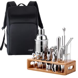 teavas bartender traveling backpack and mixology bartender tool kits with bamboo stand | 25 pieces of cocktail shaker set with recipe menu | barware present gift