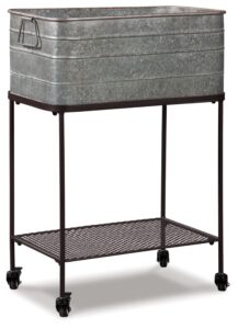 signature design by ashley vossman galvanized metal beverage tub with caster wheel stand, antique gray