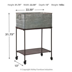 Signature Design by Ashley Vossman Galvanized Metal Beverage Tub with Caster Wheel Stand, Antique Gray