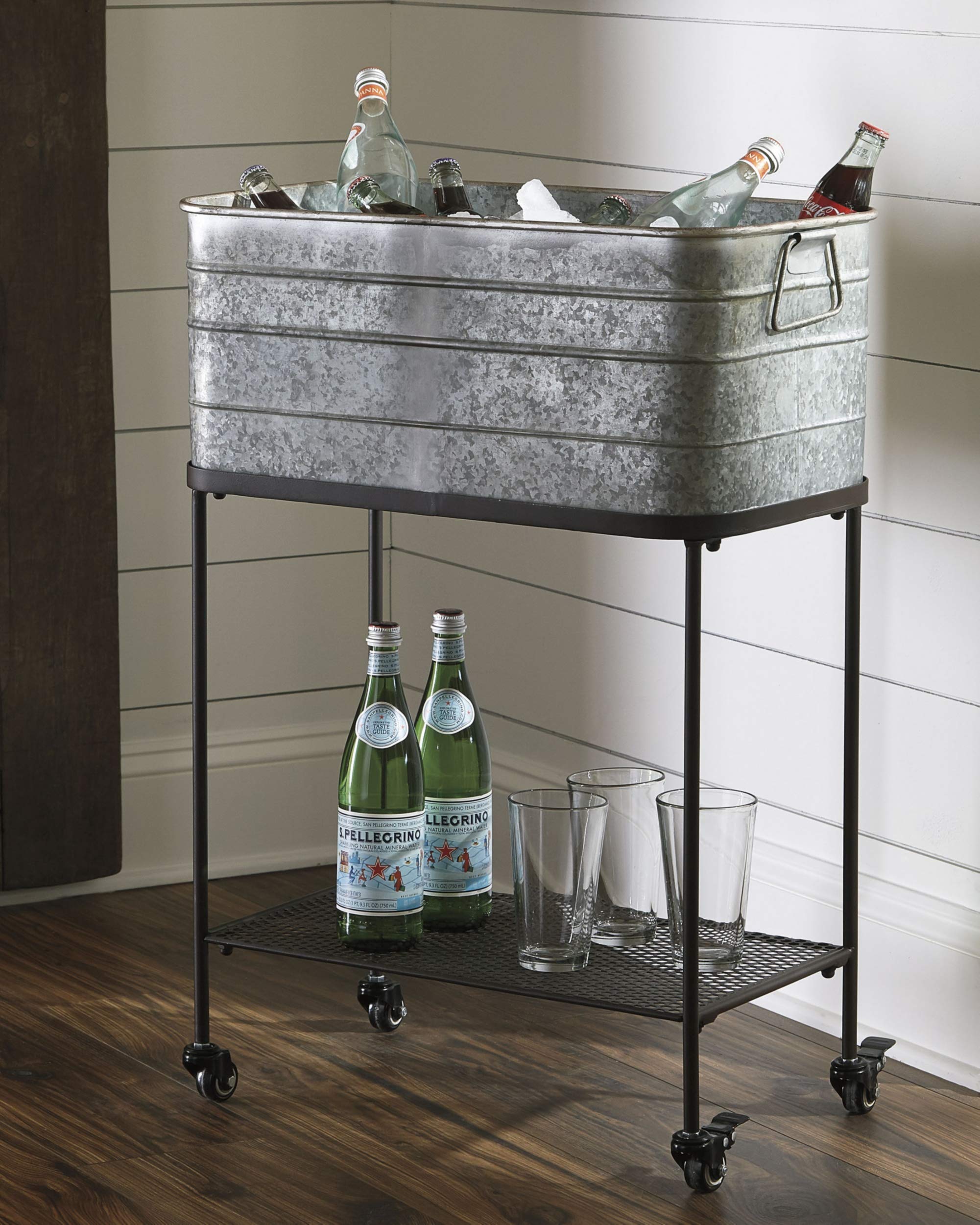 Signature Design by Ashley Vossman Galvanized Metal Beverage Tub with Caster Wheel Stand, Antique Gray