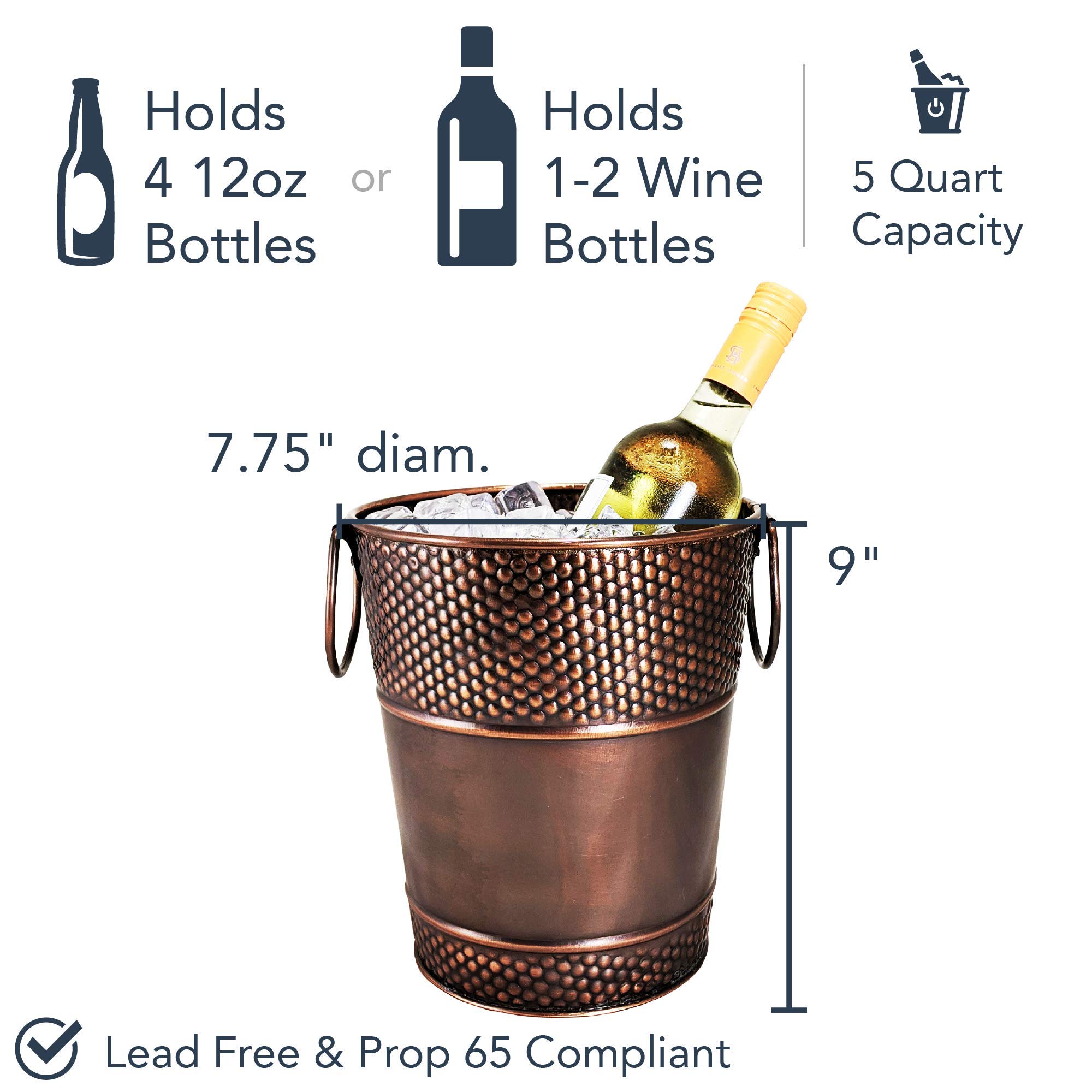 BREKX Berkshire Copper Finish Galvanized Wine Bucket, Leak & Rust Resistant, Sealed Ice and Drink Holder with Handles, 5 Quarts