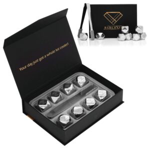 barluxia stainless steel ice cube gift set of 8 polygon reusable metal ice cubes, ice tongs & storage tray - whiskey rocks/chilling stones for whiskey, wine, cocktails or any drinks