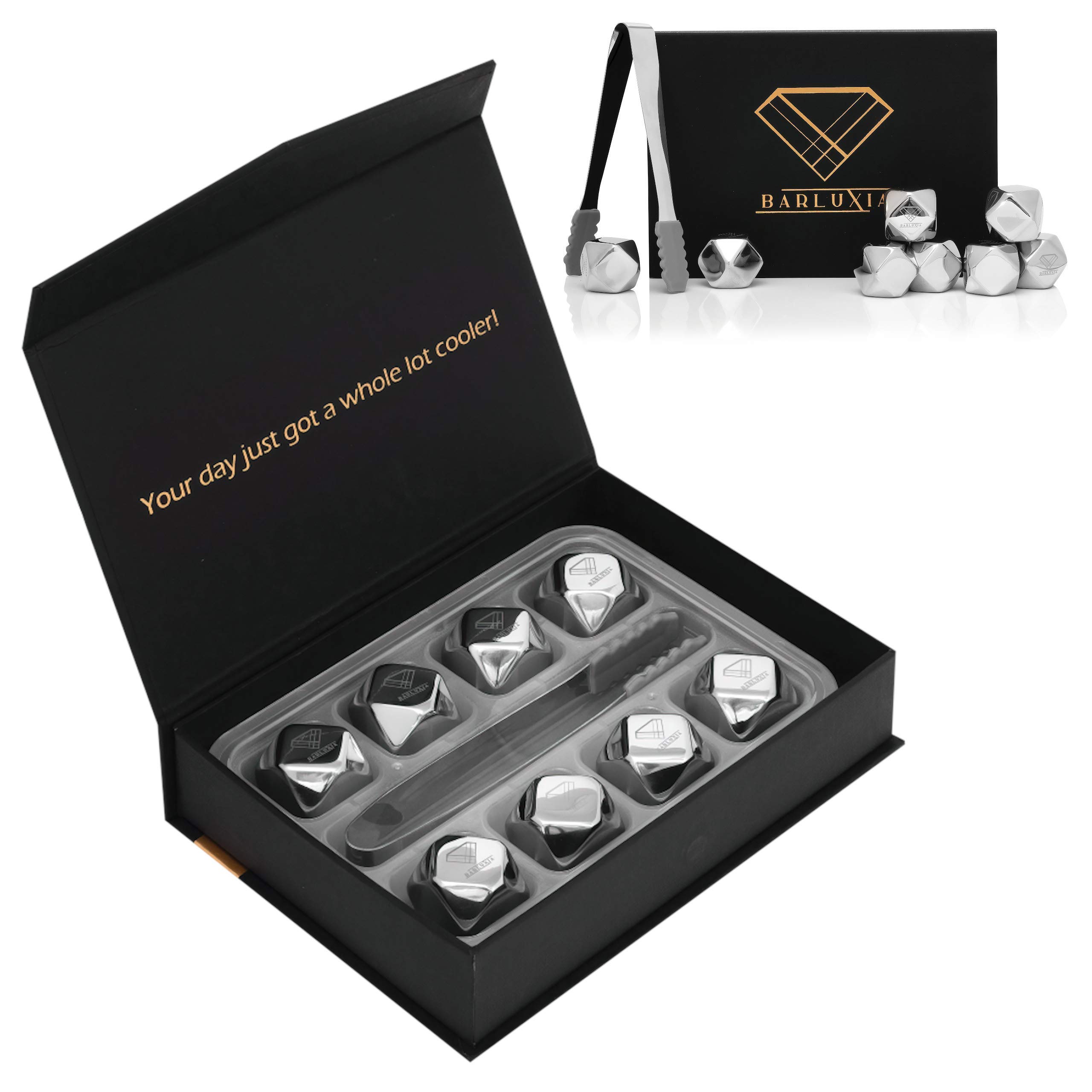 Barluxia Stainless Steel Ice Cube Gift Set of 8 Polygon Reusable Metal Ice Cubes, Ice Tongs & Storage Tray - Whiskey Rocks/Chilling Stones for Whiskey, Wine, Cocktails or Any Drinks