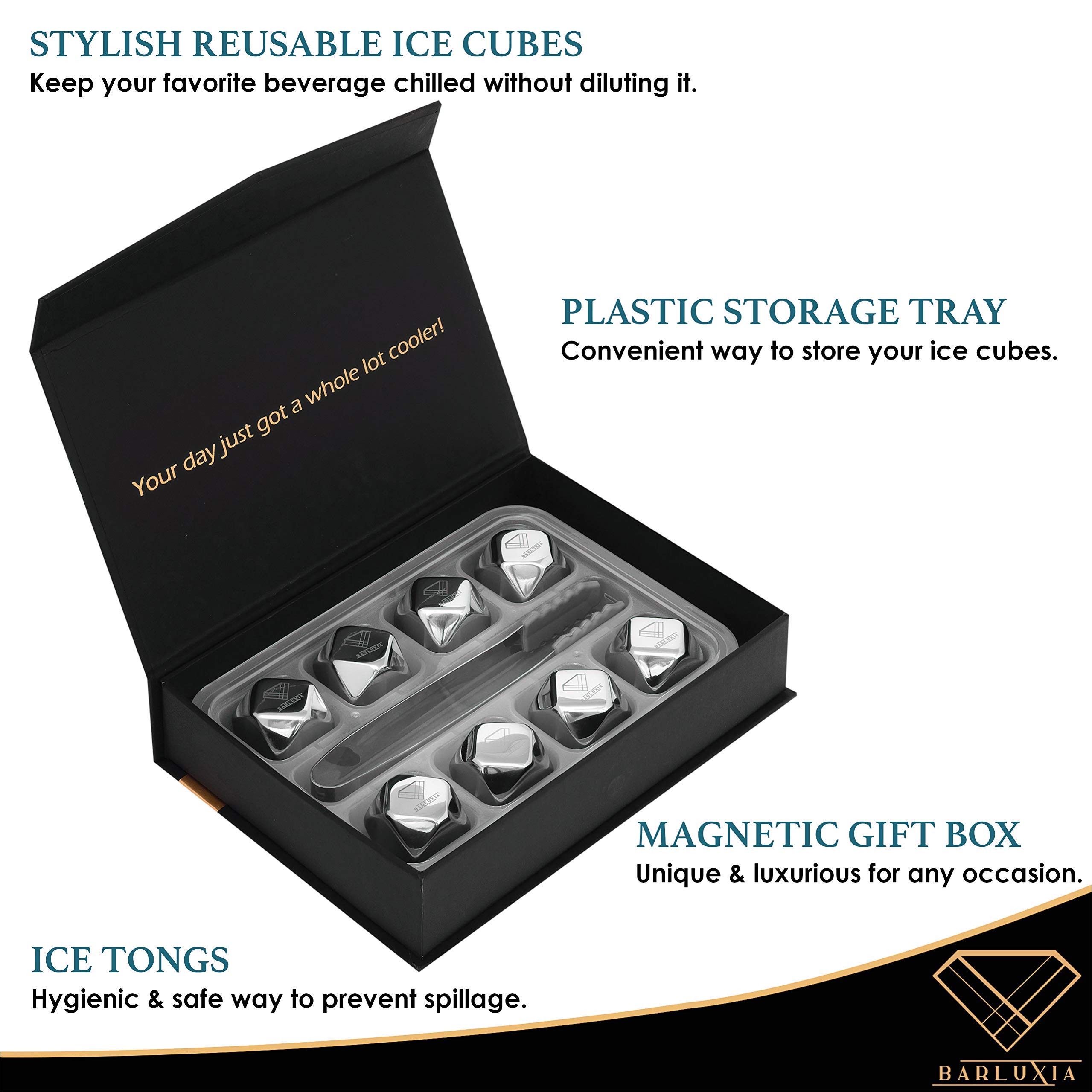 Barluxia Stainless Steel Ice Cube Gift Set of 8 Polygon Reusable Metal Ice Cubes, Ice Tongs & Storage Tray - Whiskey Rocks/Chilling Stones for Whiskey, Wine, Cocktails or Any Drinks