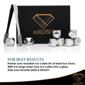 Barluxia Stainless Steel Ice Cube Gift Set of 8 Polygon Reusable Metal Ice Cubes, Ice Tongs & Storage Tray - Whiskey Rocks/Chilling Stones for Whiskey, Wine, Cocktails or Any Drinks