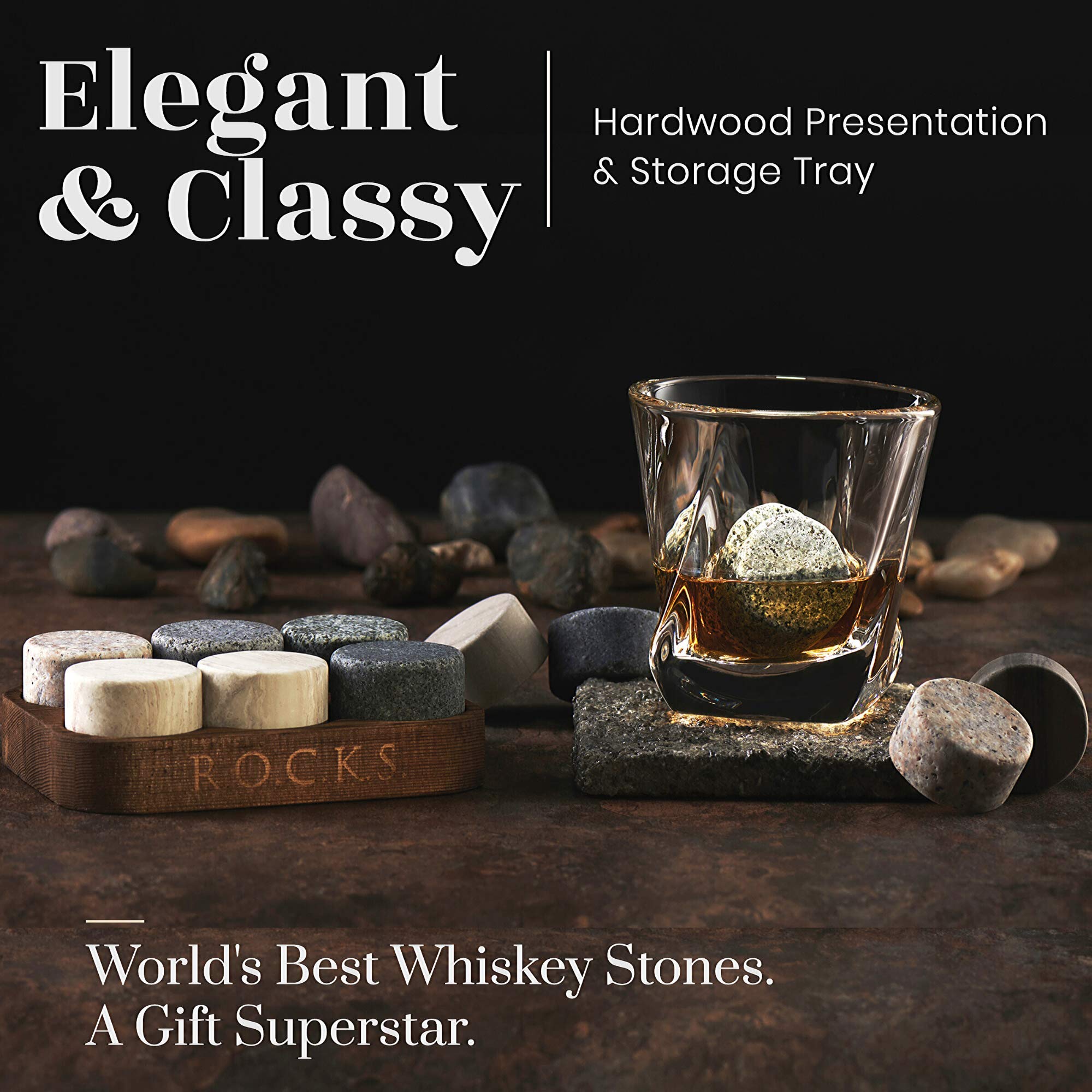 Whiskey Chilling Stones & Kentucky Bourbon Barrel Aged Coffee Gift Set - 6 Handcrafted Granite Round Rocks & Hardwood Storage Tray - Medium Dark Roast 4oz Tasting Bag for Specialty Coffee Lovers!