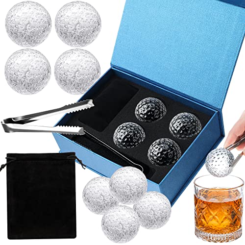 Golf Ball Whiskey Chillers Gift Set for Father's Day Includes 4 Pcs Glass Golf Ball Whiskey rocks and Stainless Steel Tongs Storage Pouch Gift Box with Cotton Lining for Husband Dad Boyfriend