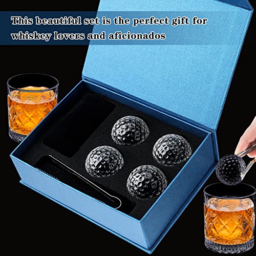 Golf Ball Whiskey Chillers Gift Set for Father's Day Includes 4 Pcs Glass Golf Ball Whiskey rocks and Stainless Steel Tongs Storage Pouch Gift Box with Cotton Lining for Husband Dad Boyfriend