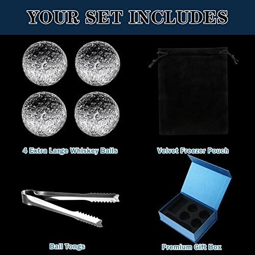 Golf Ball Whiskey Chillers Gift Set for Father's Day Includes 4 Pcs Glass Golf Ball Whiskey rocks and Stainless Steel Tongs Storage Pouch Gift Box with Cotton Lining for Husband Dad Boyfriend