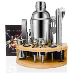 TAUPO Cocktail Shaker Set | 12 Pieces Stainless Steel Bartender Kit with Bamboo Stand and Cocktail Recipes for Drink Mixing | Bar Set Home Mixology Barware Tool Sets(25 oz)