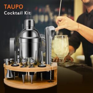 TAUPO Cocktail Shaker Set | 12 Pieces Stainless Steel Bartender Kit with Bamboo Stand and Cocktail Recipes for Drink Mixing | Bar Set Home Mixology Barware Tool Sets(25 oz)