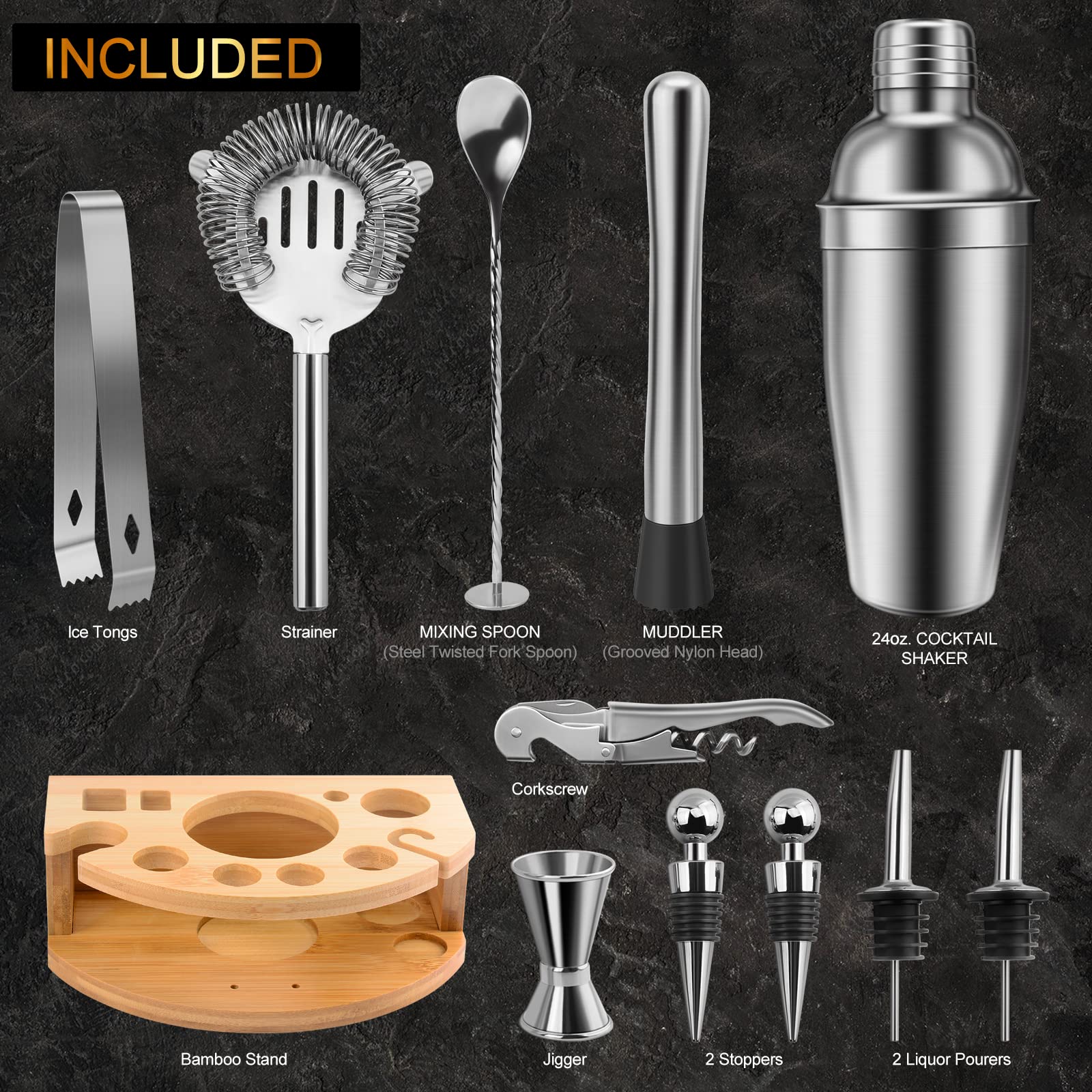 TAUPO Cocktail Shaker Set | 12 Pieces Stainless Steel Bartender Kit with Bamboo Stand and Cocktail Recipes for Drink Mixing | Bar Set Home Mixology Barware Tool Sets(25 oz)