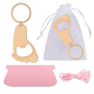 12 pack baby footprint key chain bottle opener baby shower favors for guests decoration, bottle opener party favor,girl baby shower souvenirs with organza bags and tags (pink, 12)