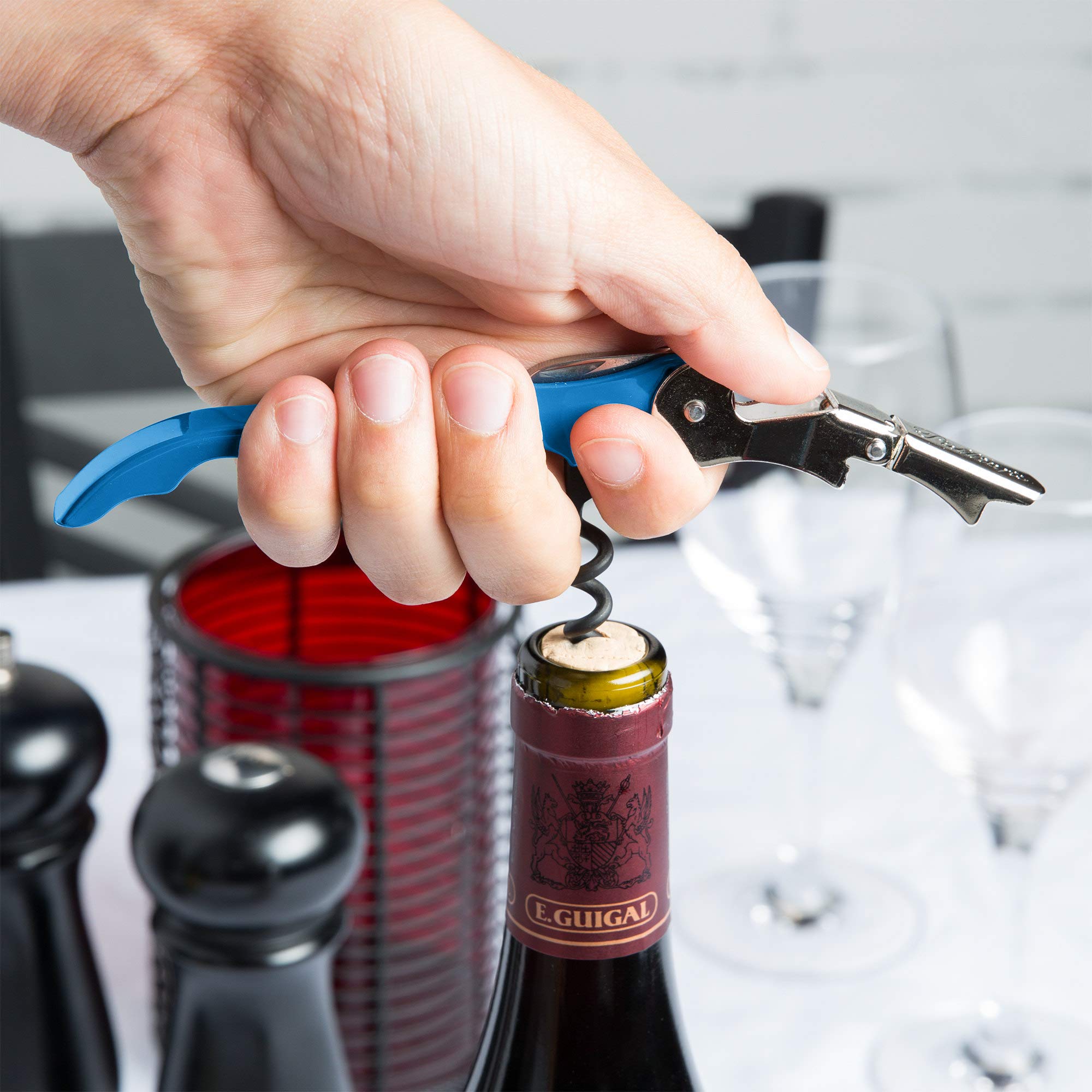 Pulltap's Double-Hinged Waiters Corkscrew, Wine Opener and Foil Cutter, Beer Bottle Opener, Bright Blue