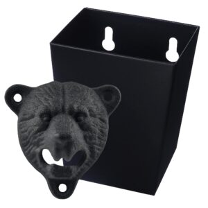 jumiok matte sanding black cast iron wall mount bottle opener grizzly bear teeth bite with small narrow stainless steel cap catcher