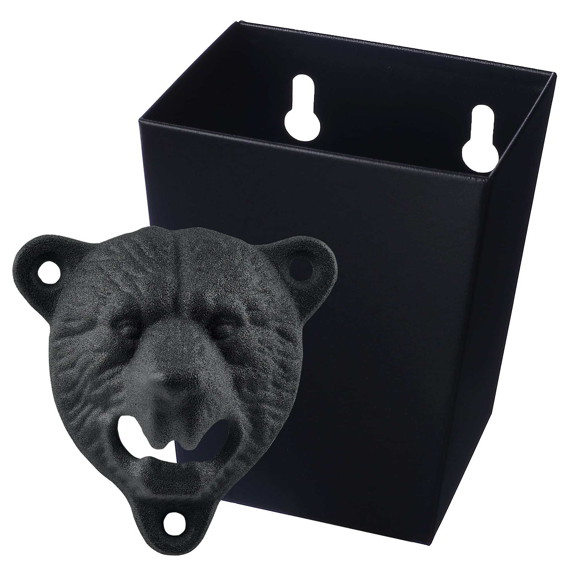 Jumiok Matte Sanding Black Cast Iron Wall Mount Bottle Opener Grizzly Bear Teeth Bite with Small Narrow Stainless Steel Cap Catcher