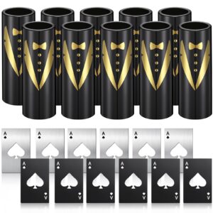 24 pieces groomsmen tuxedo 12 gauge glasses set with poker bottle cap opener groomsmen gifts black espresso shot glasses ace of spades credit card bottle opener for men proposal wedding party