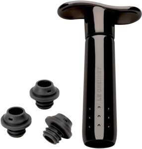 le creuset wine pump and 3 stoppers, black nickel