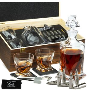 whiskey decanter and stones gift set for men - whiskey decanter, 2 twisted whiskey glasses, 10 stainless steel stones, 2 slate coasters, tongs & freezer pouch in wooden gift box