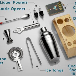 Modern Mixology Bartender Kit with Bamboo Stand - Cocktail Shaker Set and Bar Accessories for Home Bar, Drink Mixing, and Mixology Kit