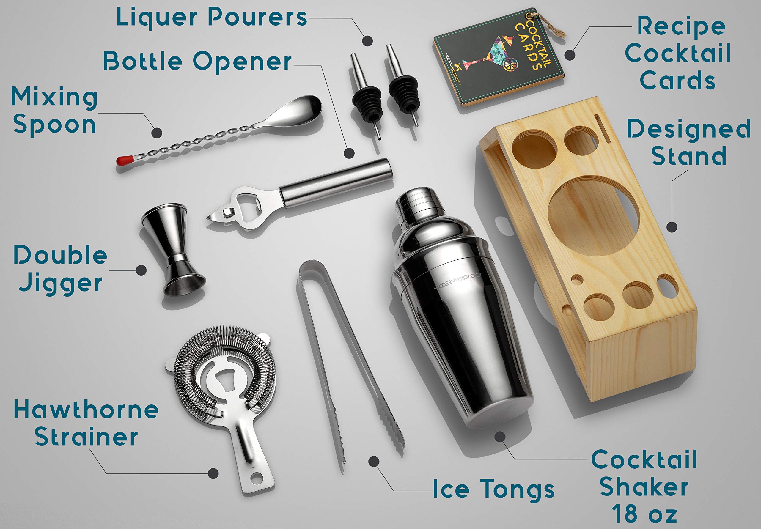 Modern Mixology Bartender Kit with Bamboo Stand - Cocktail Shaker Set and Bar Accessories for Home Bar, Drink Mixing, and Mixology Kit