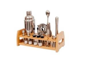 cocktail mixology shaker set - bartender kit with an elegant bamboo stand - bar accessories kit including a martini shaker, bar jigger, syrup dispenser & mixer recipe book