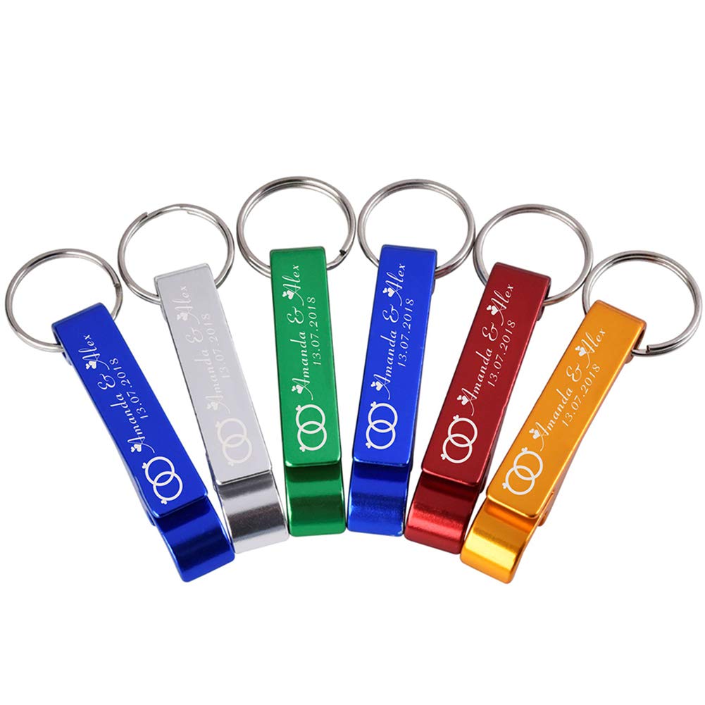 50pcs Personalized Customized Bottle Openers Keychains Wedding Favors Party For guests + White Organza bags