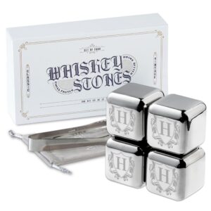 whiskey stones gifts set with initial for men & women, 4pcs stainless steel whiskey rocks with pouch and tong, chilling ice cubes initial gifts for whiskey lovers, dad, mom, grandpa, uncle - h