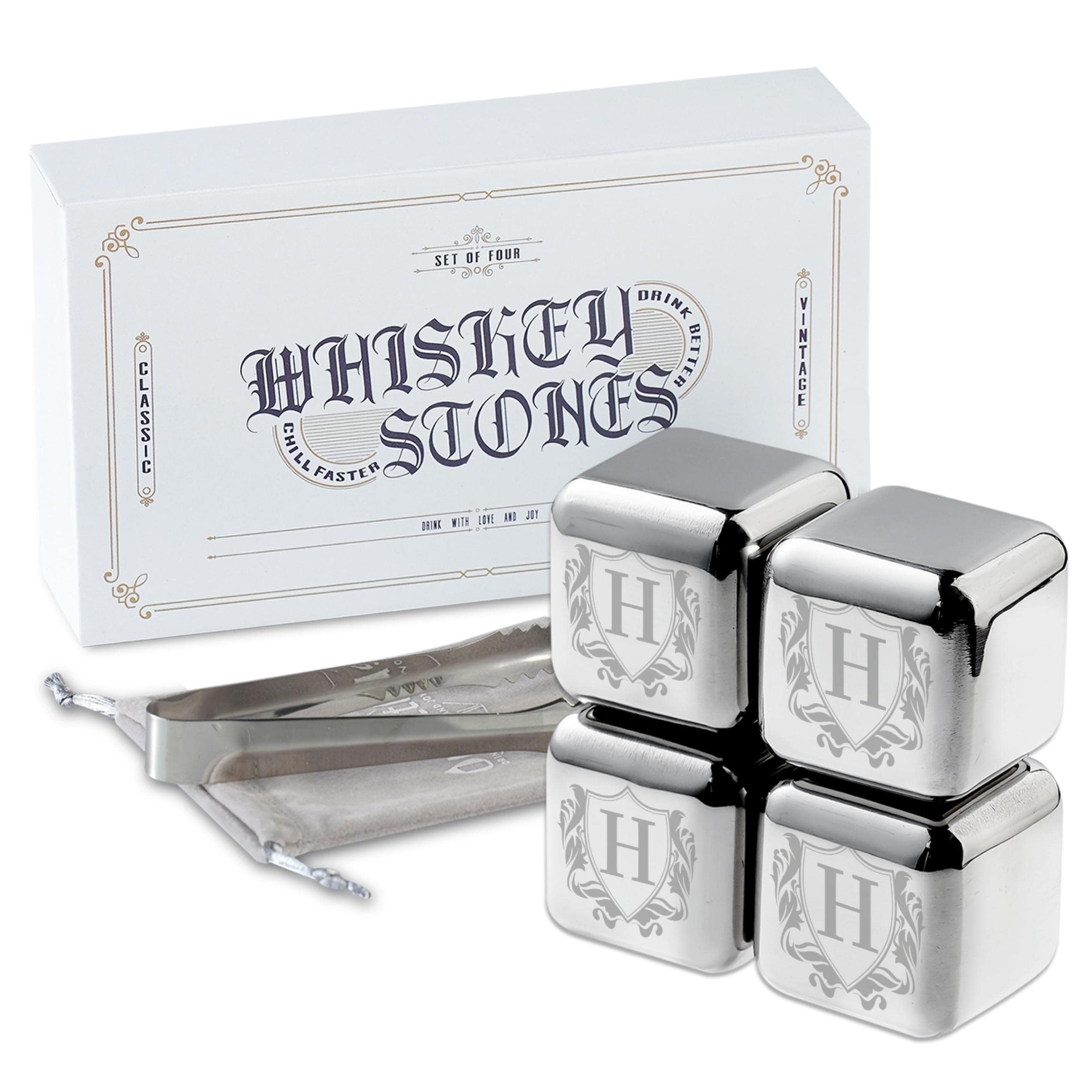 Whiskey Stones Gifts Set with Initial for Men & Women, 4pcs Stainless Steel Whiskey Rocks with Pouch and Tong, Chilling Ice Cubes Initial Gifts for Whiskey Lovers, Dad, Mom, Grandpa, Uncle - H