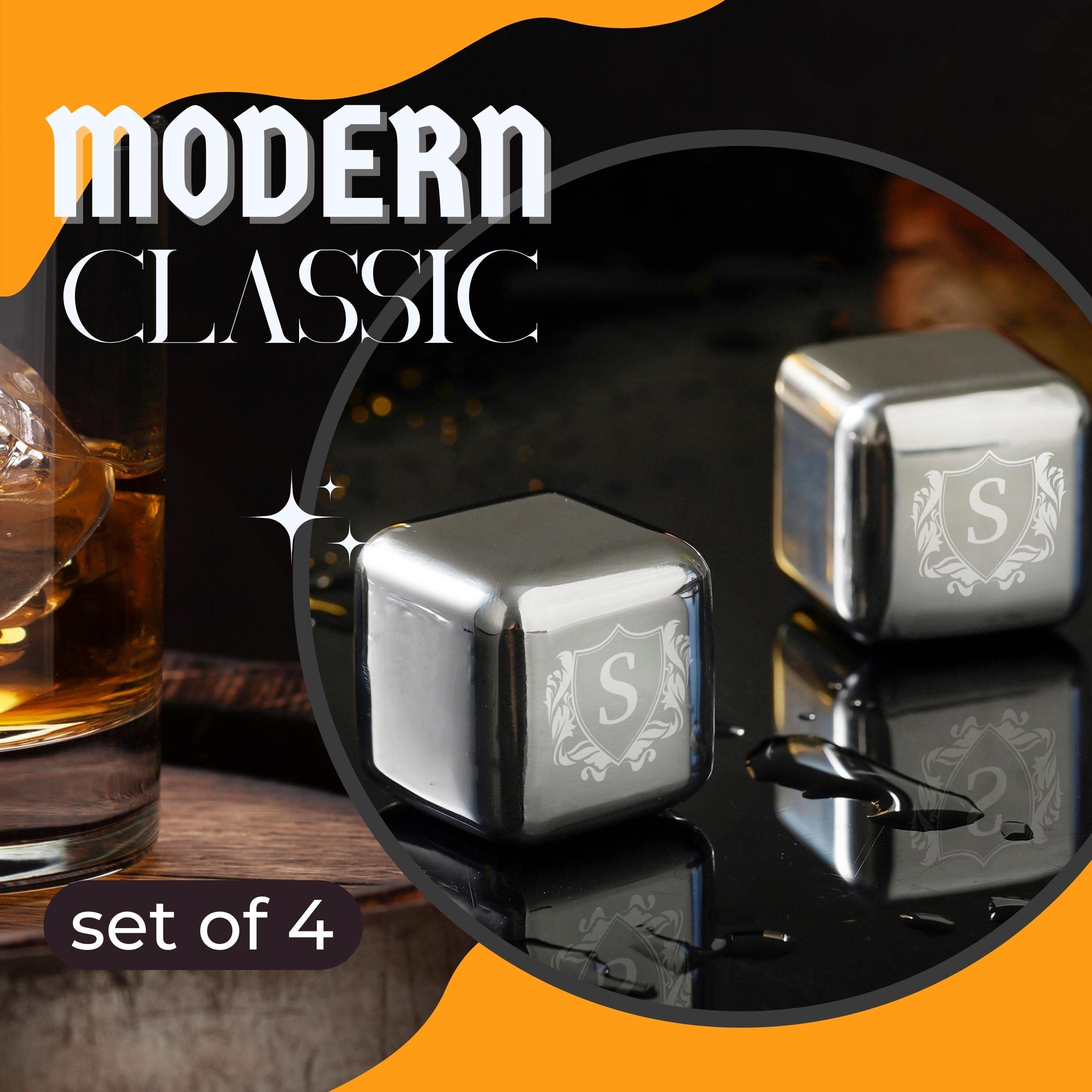 Whiskey Stones Gifts Set with Initial for Men & Women, 4pcs Stainless Steel Whiskey Rocks with Pouch and Tong, Chilling Ice Cubes Initial Gifts for Whiskey Lovers, Dad, Mom, Grandpa, Uncle - H