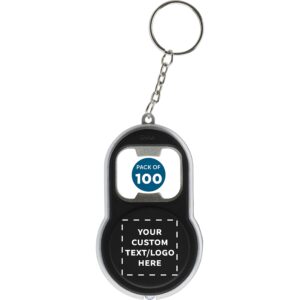 custom bottle opener & led keychains set of 100, personalized bulk pack - perfect for tradeshows, party favors, other events - black