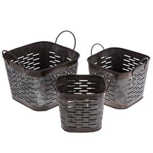 dark galvanized metal square olive buckets, set of 3