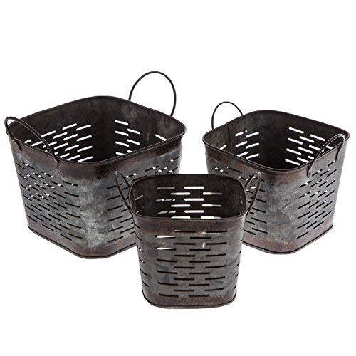 Dark Galvanized Metal Square Olive Buckets, Set of 3