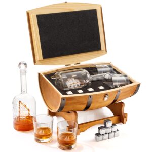 large barrel bar gift set for men in beautiful handcrafted whiskey gift box | liquor & wine decanter, 8 whiskey rocks chiller stones, 2 glasses | dads, boyfriend - 16" x 8" x 15" gifts for dad
