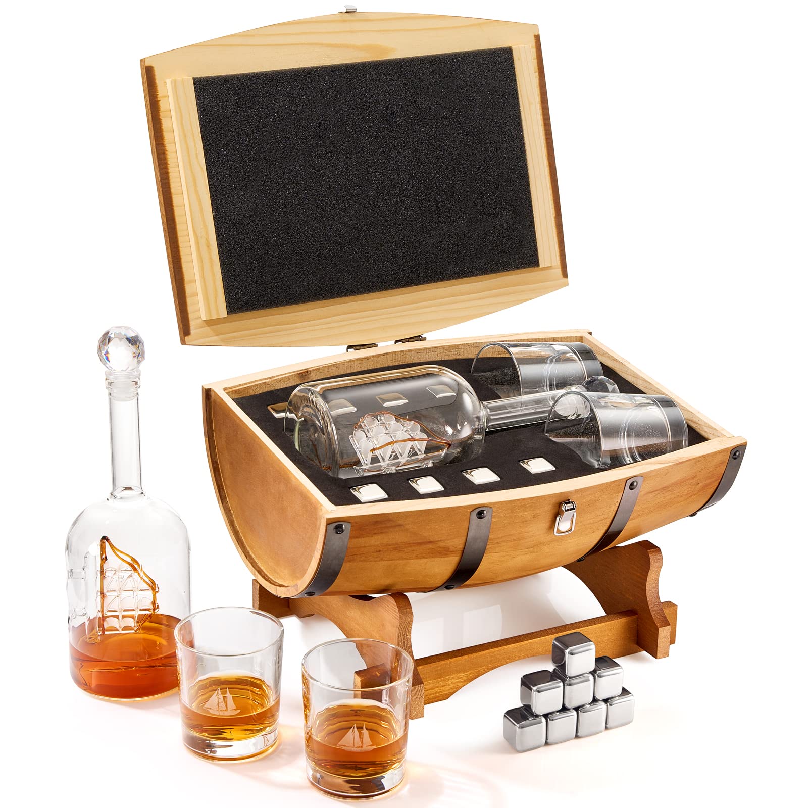 Large Barrel Bar Gift Set for Men in Beautiful Handcrafted Whiskey Gift Box | Liquor & Wine Decanter, 8 Whiskey Rocks Chiller Stones, 2 Glasses | Dads, Boyfriend - 16" x 8" x 15" Gifts for Dad