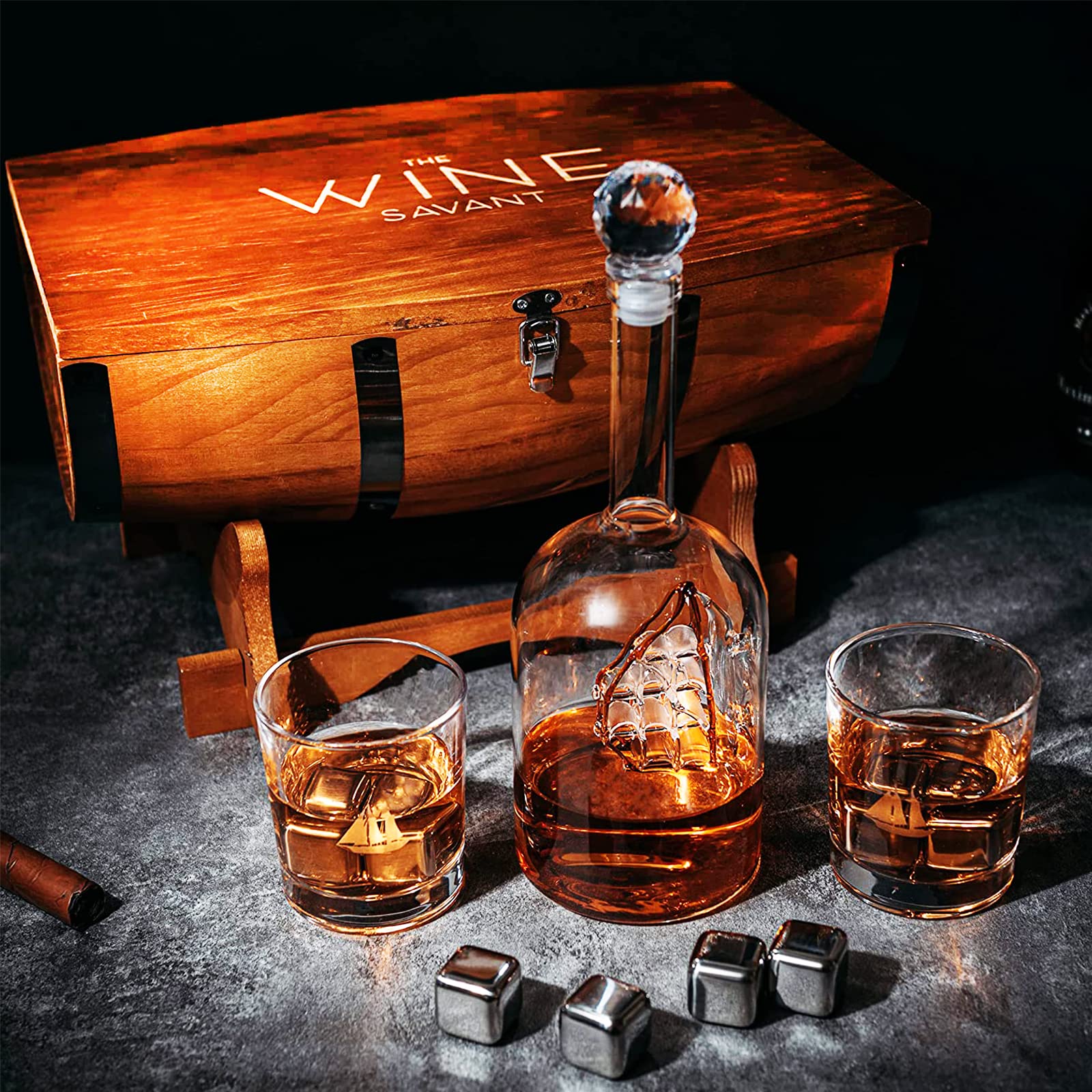 Large Barrel Bar Gift Set for Men in Beautiful Handcrafted Whiskey Gift Box | Liquor & Wine Decanter, 8 Whiskey Rocks Chiller Stones, 2 Glasses | Dads, Boyfriend - 16" x 8" x 15" Gifts for Dad