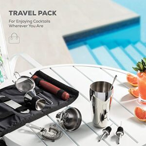 10-Piece Cocktail Shaker Set With Travel Bag - Stainless Steel Cocktail Shaker Set Bartender Kit - Mixology Bartender Kit - Strainer, Muddler, Jigger, Bar Spoon, Bottle Opener, Pour Spouts - Bar Set