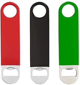 jcd 3 pack heavy duty stainless steel flat bottle opener, solid and durable beer openers, red, black, green, 7 inches