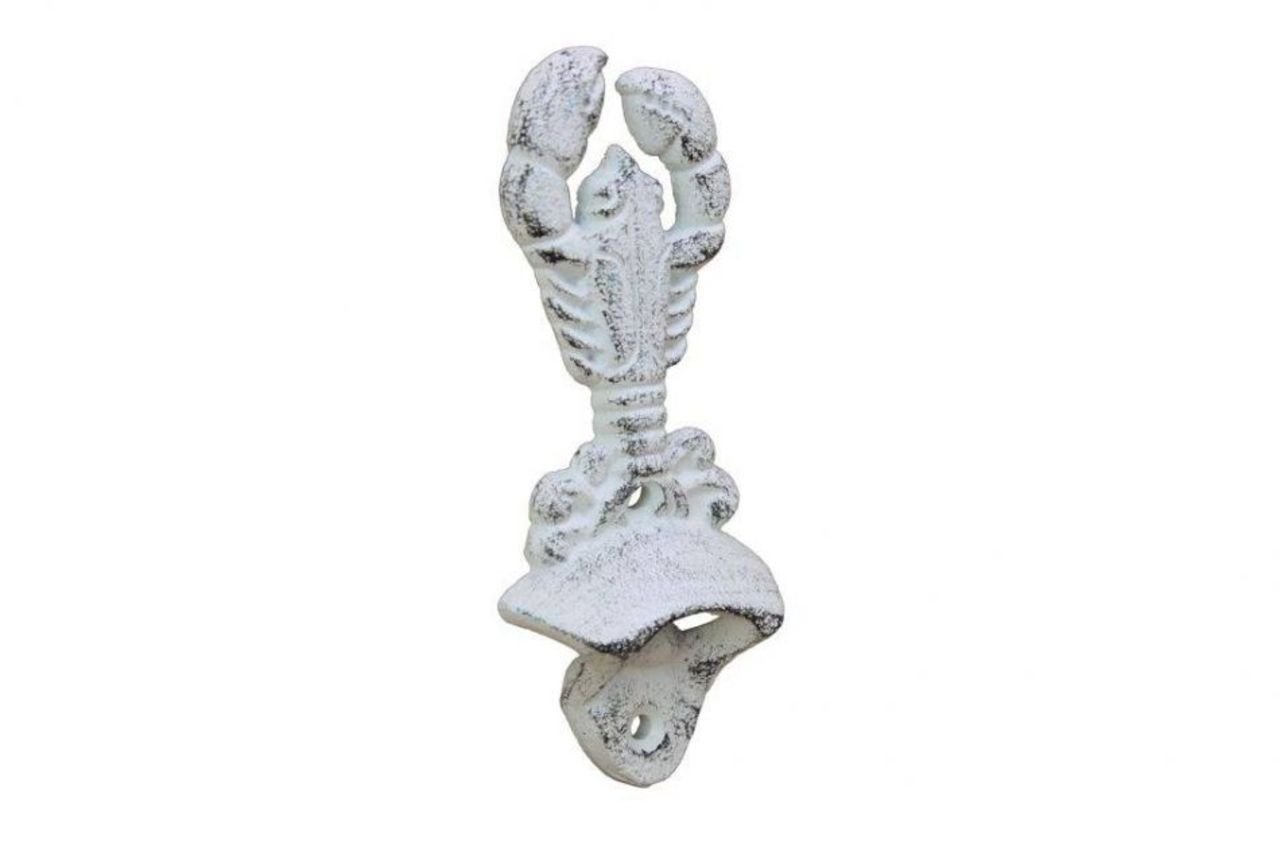 Hampton Nautical Whitewashed Cast Iron Wall Mounted Lobster Bottle Opener